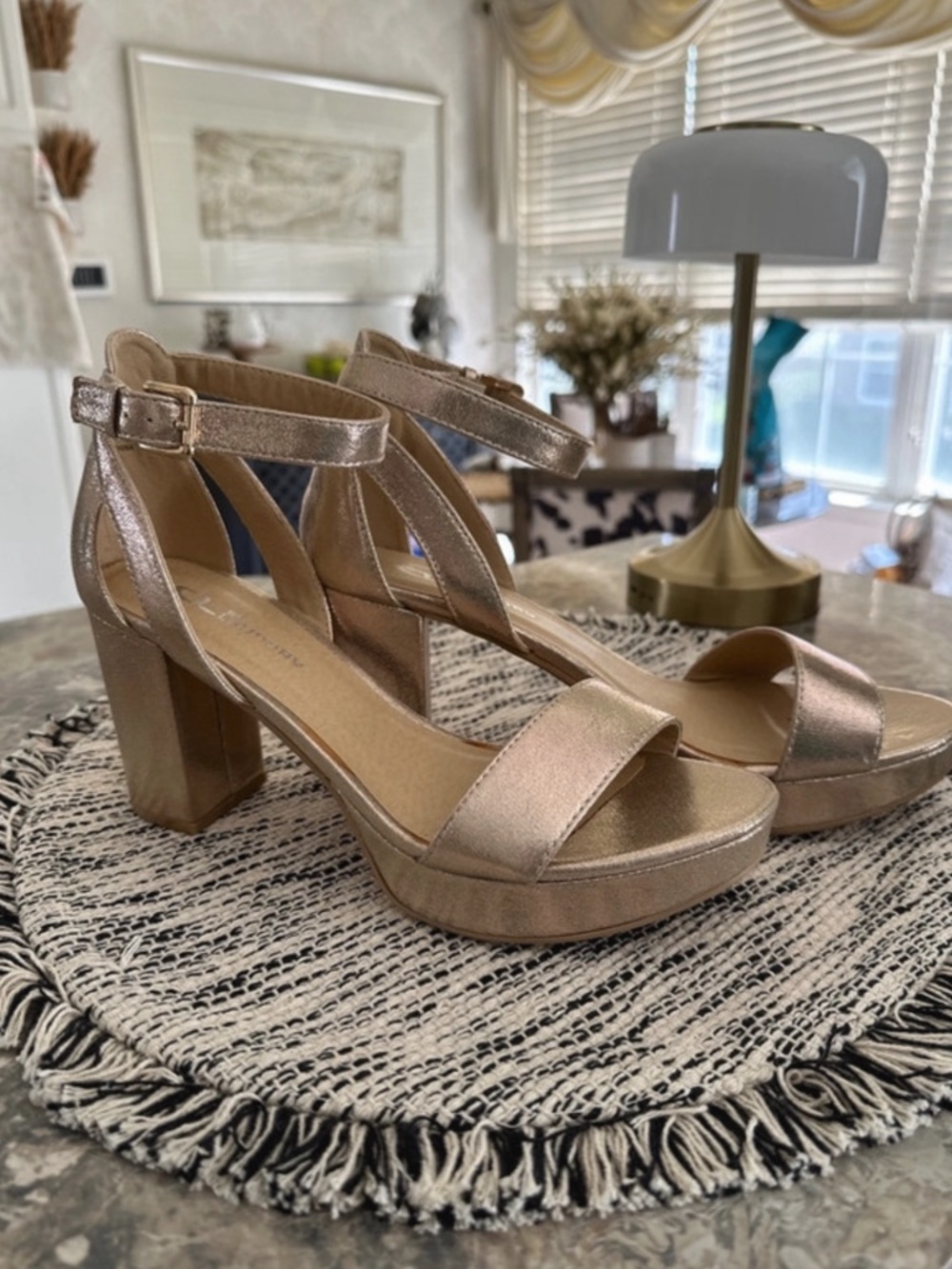 CL by Laundry - Metallic Rose Gold Block Heel Sandals with Ankle Strap